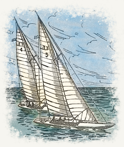 Watercolour illustration of two sailing boats on teal water beneath a pale blue sky.